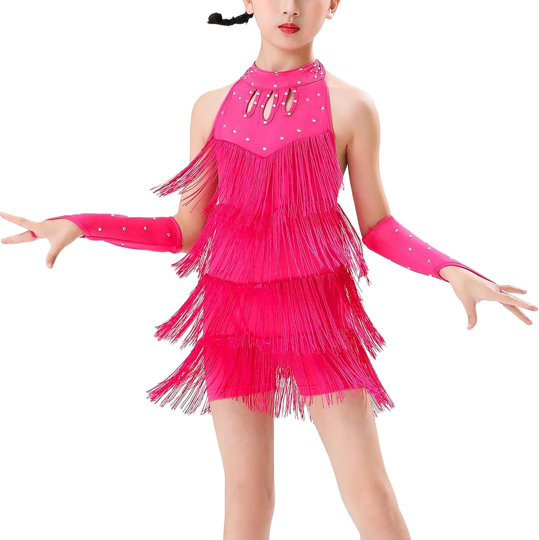 Happy Cherry Girls Latin Short Bodysuit Dress Sleeveless Tassels Dancewear Samba Rumba Jazz Cha Cha Dance Costume 3-14Y (Pink)