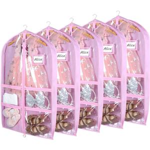 Syeeiex Clear Garment Bags with 3" Gussets (5 Pack), 40" Bags for Kids Dance Costumes with 4 Medium Zippered Pockets - Suitable for Competitions, Ballet (Clear Pink)