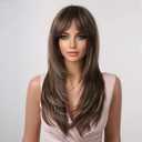 HAIRCUBE Long Layered Synthetic Hair Wigs for Women with Bang(Brown with Highlights)