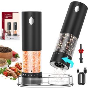 CIRCLE JOY Electric Salt and Pepper Grinder Set Rechargeable Salt and Pepper Mills with 6-Level External Adjustable Coarseness, White LED Light and Storage Base, Black