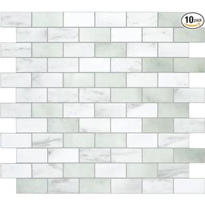 10Sheet Subway Peel and Stick Backsplash Tile, 11.3" x 10.8" Emerald Green Stone Composite Marble Looks Self Adhesive Waterproof Wall Tile, Stick on Tiles for Kitchen Bathroom Shower Fireplace