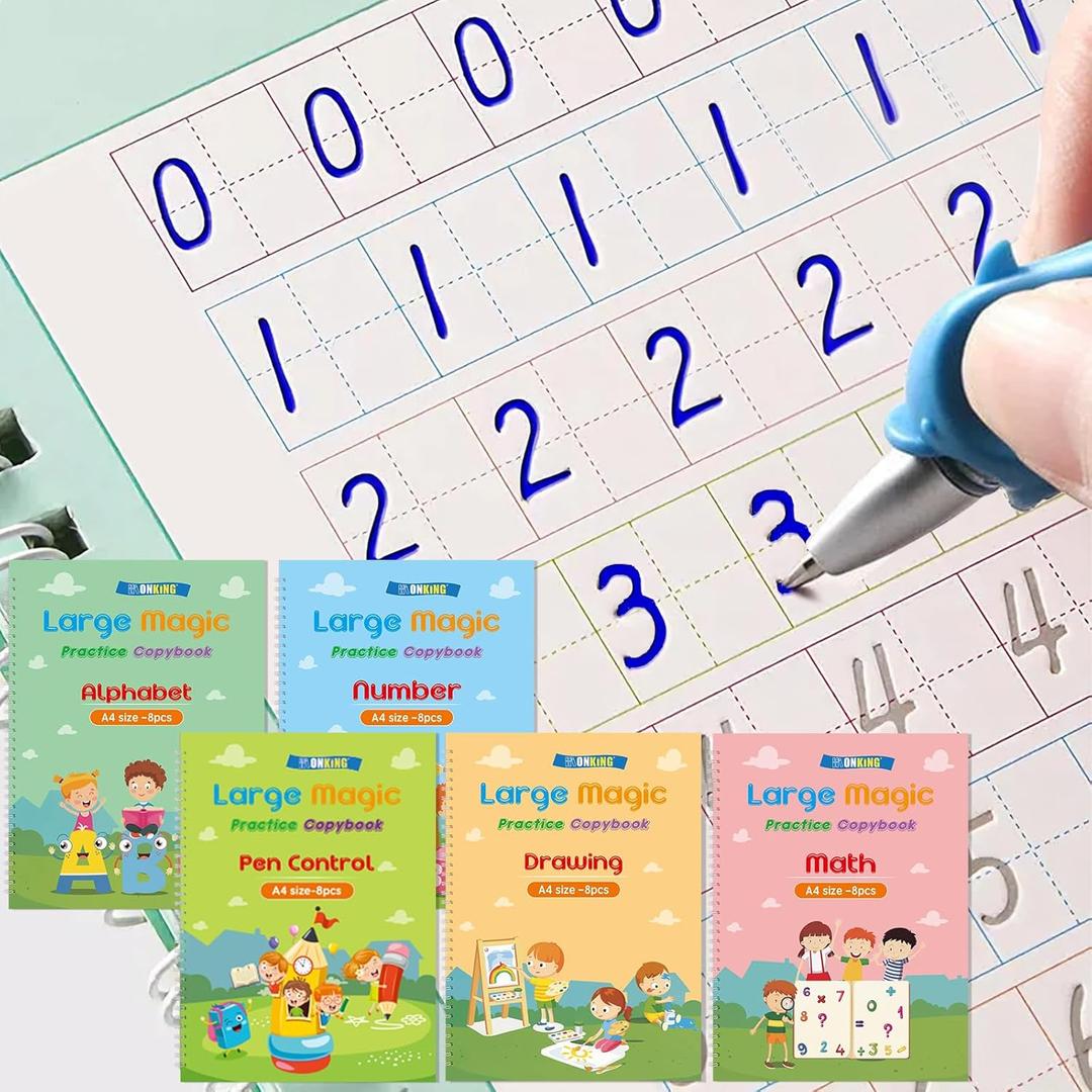 Monking Large Magic Practice Copybook for Kids,Handwriting Grooved Practice Book 5 Pack with Pen Refill English Cursive Calligraphy Reusable Age 3-8