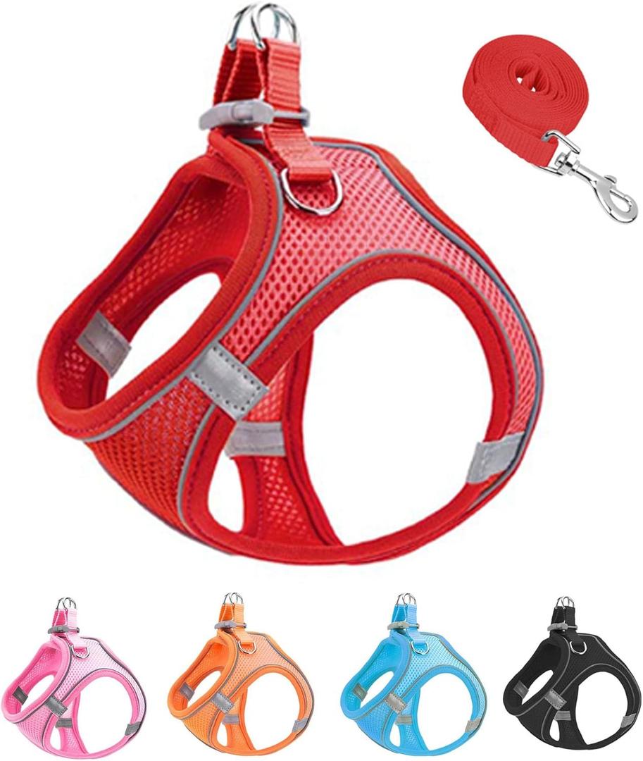 XXXS Red Soft Mesh Dog Harness and Leash Set,No Escape Puppy Harnesses for Training Walking Reflective Adjustable Puppy Vest for Small Medium Dogs, Cats (Red, XXXS)