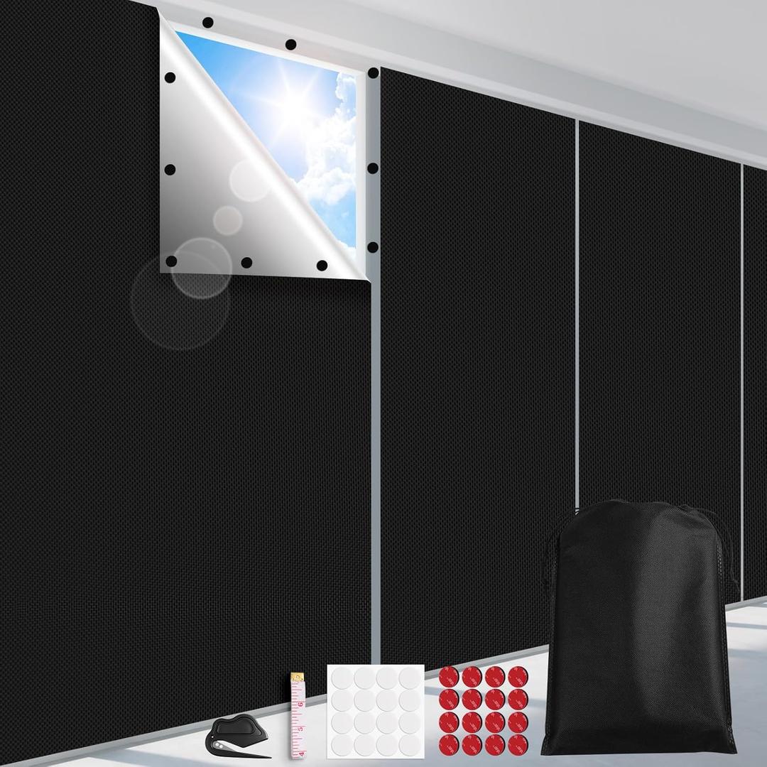 FADOTY Blackout Curtains for Bedroom, Portable 100% Black Out Window Cover Film, Cuttable Blackout Shades Fabric Sheet, No Drill Window Blinds, Sun Heat Light Blocker for Travel Media Dorm, 57'' W