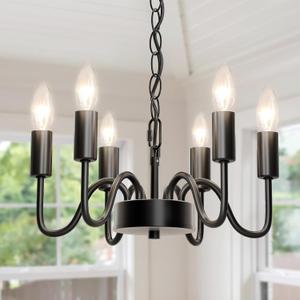 Black Chandelier for Dining Room, Rustproof 6-Light Farmhouse Chandelier Light Fixture, 47Inches Modern Candle Hanging Light for Bedroom, Adjustable Rope, E12 Small Base, Bulbs Not Included