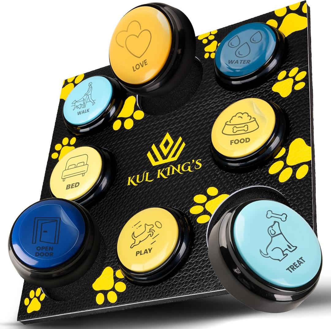 KUL KING'S Waterproof & Non-Slip Dog Command Buttons with Mat - 8 Recordable, Programmable Talking Buttons with Batteries, Stickers, Training Guide - Sound Buttons for Pet Communication