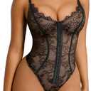 SHAPELLX Lace Bodysuit for Women Tummy Control Shapewear Backless Body Suits One Piece Body Shaper Thongs (Large, Black)