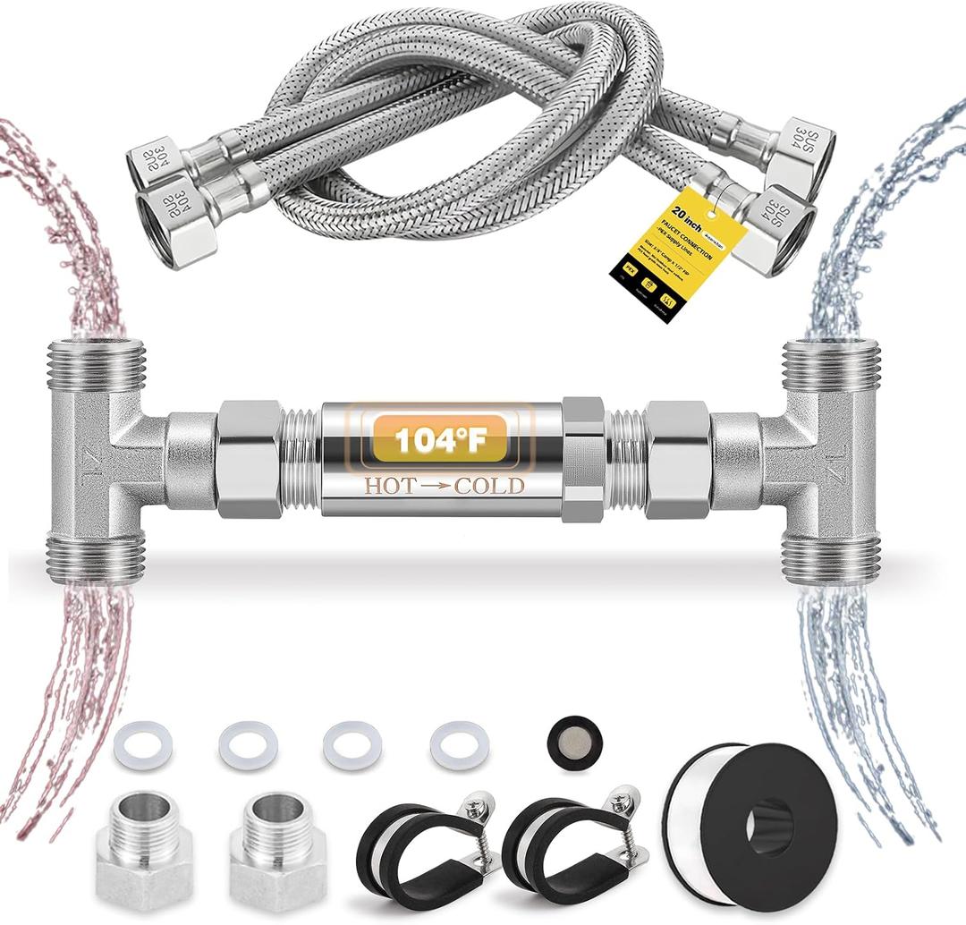Replacement 304 Stainless Steel Sensor Valve Kit for Instant Hot Water Recirculating Pump System Includes a Bridge Valve, 2×20-Inch PEX Supply Lines Compatible With 500800, 500805