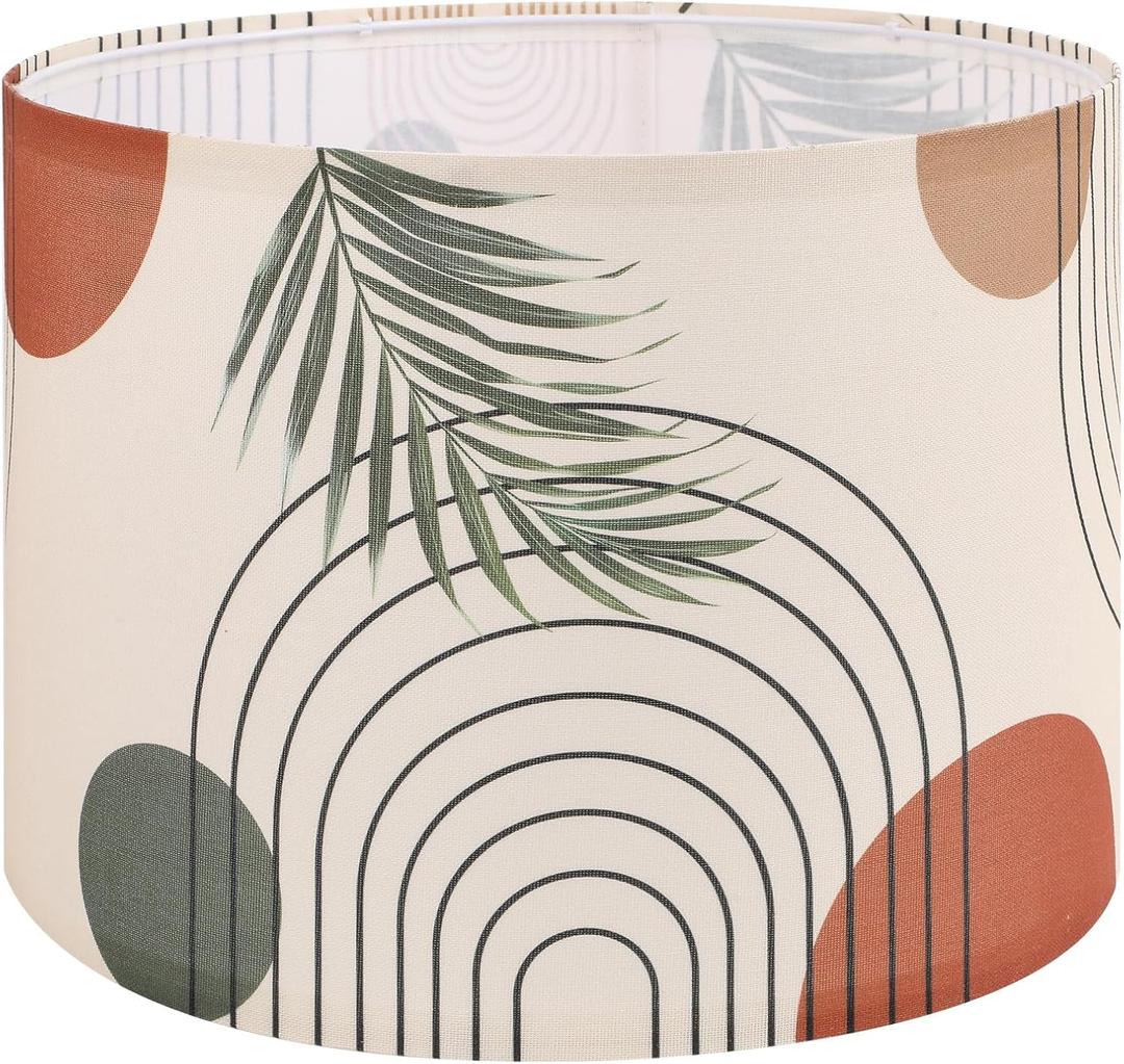 Fabric Linen Lamp Shade, Boho Lampshade with Tropical Plant and Line Pattern, 13x10inch Lamp Shades for Floor Lamps fit with Spider/Uno, Drum Lampshades for Table Lamp/Pendant (Easy Assemble) (13IN-1 Pack)