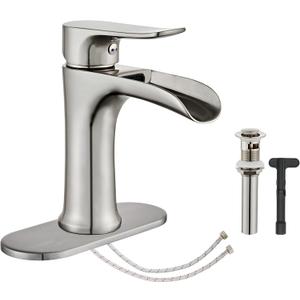 Brushed Nickel Bathroom Faucet Yundoom Waterfall Single Hole Single Handle Bathroom Sink Faucet with Pop Up Drain