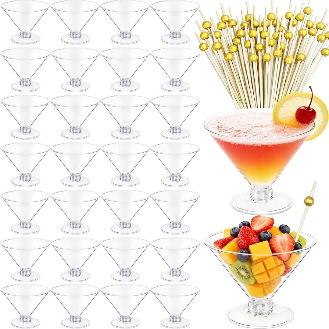 120 Pcs Plastic Martini Glasses,60 Pcs 5 oz Disposable Cocktail Cups with 60 Pcs Cocktail Sticks Bundle,Clear Short Stem Wine Shot Glasses for Party Wine,Champagne,Margarita,Desserts,Appetizers