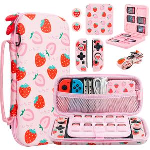 FANPL Pink Carrying Case for Nintendo Switch and Switch OLED Cover, Strawberry Travel Case Bundle with 2 Joy con Shells, 2 Thumb Grip Caps, Adjustable Shoulder Strap, Portable Switch Accessories Bag