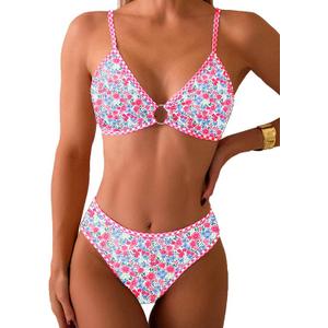 Fanuerg Women's Triangle Bikini Sets O Ring Linked Two Piece Swimsuits Floral Printed Cheeky Bathing Suit (Medium)