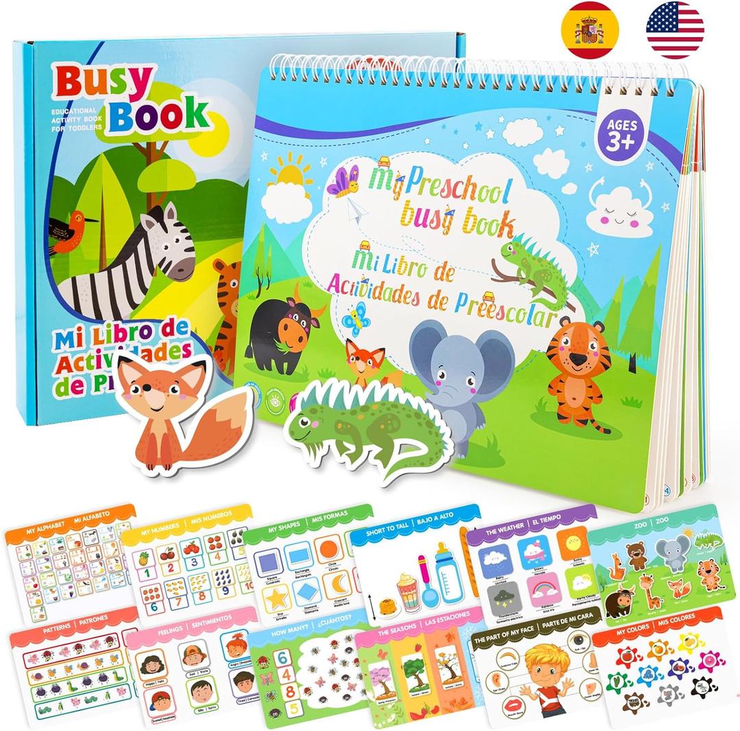Ayyomo Spanish & English Busy Books for Toddlers, Bilingual Preschool Activity Book for 3 4 5 Year Old, Kids Easter Basket Stuffers, Interactive Educational Learning Activities Birthday Gifts