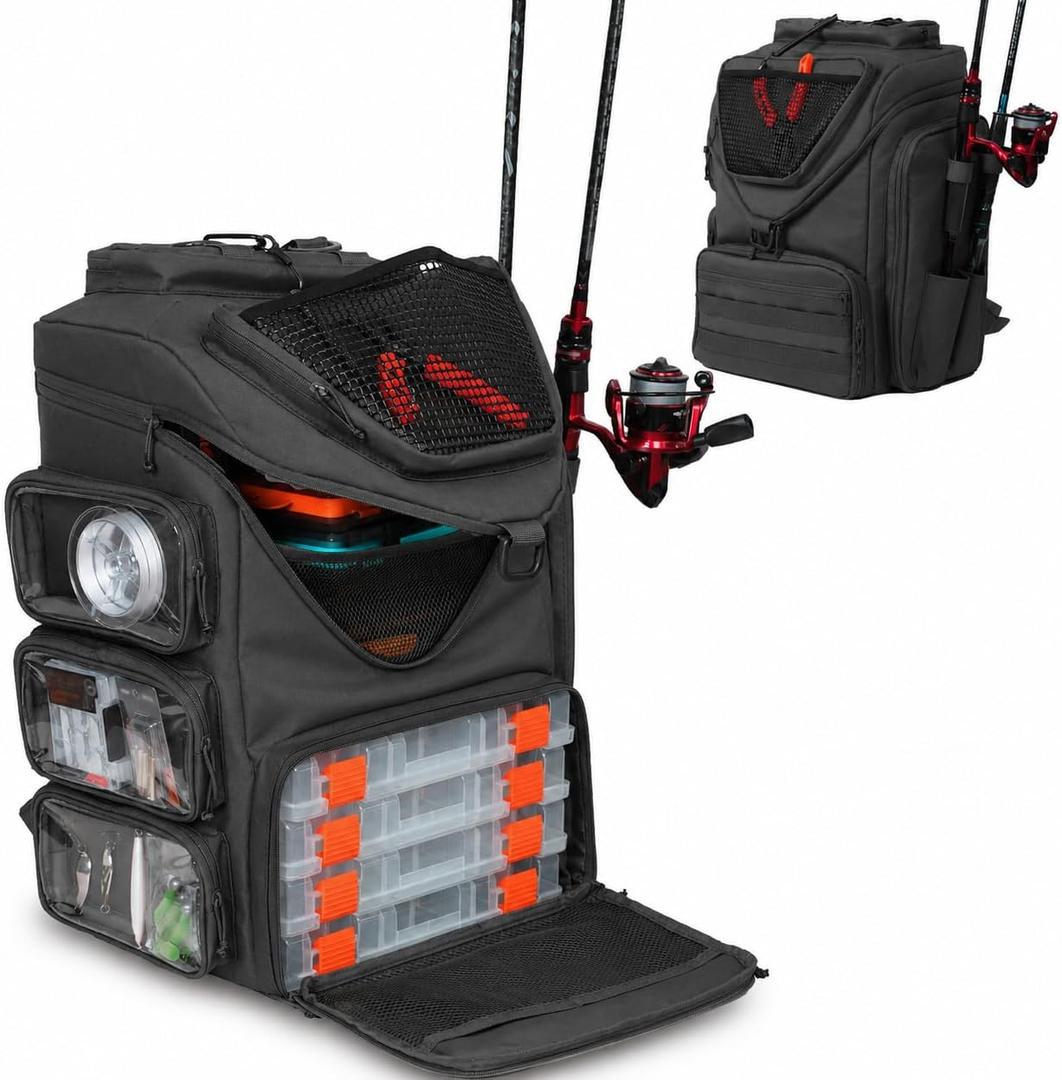 kokkoya 40L Fishing Tackle Backpack with 2 Rod Holders Two-Tier Storage