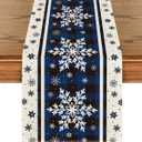 Artoid Mode Buffalo Plaid Snowflakes Blue Christmas Table Runner, Seasonal Winter Kitchen Dining Table Decoration for Home Party Decor 13x72 Inch