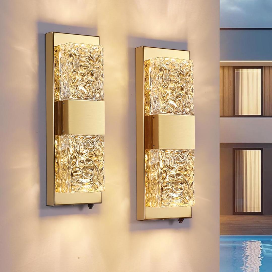 Dusk to Dawn Outdoor Lighting,Porch Lights Outdoor 14.2'' IP65 Waterproof Exterior Lighting Fixtures 12W LED Crystal Modern Outside Lights for Hallway Doorway Porch Patio Backyard, Gold, 2PCS