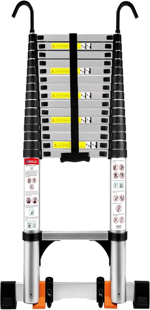 Telescoping Ladder with Hooks, 20.3 FT, Stabilizer & Wheels, Silver