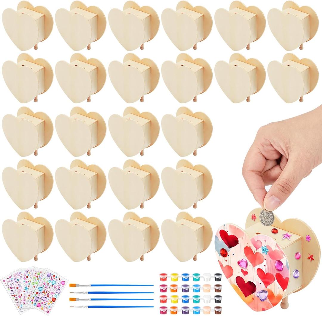 Tioncy 24 Pcs DIY Wooden Piggy Banks Unfinished Heart Shaped Wooden Piggy Coin Banks with 4 Paint Strips 4 Brushes 5 Sheets Gem Stickers Jewels for Crafts Valentine Birthday Activities Gift
