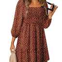 Dokotoo Fall Dresses for Women 2025 Beach Vacation Clothes Boho Smocked Square Neck 3/4 Sleeve Ruffle Bohemian Floral Printed Casual Empire Waist Mini Dress A-Line Short Dress Sundress Red Small