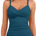 Yonique Women's Tankini Top Swimwear Twist V Neck Swimsuits Tummy Control Bathing Suits Top Only (Medium, Enamel Blue)