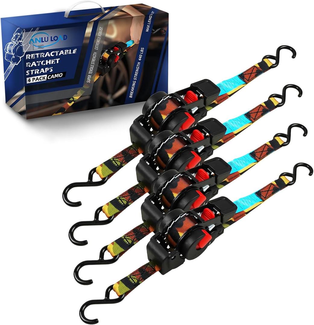 ANLULOAD Retractable Ratchet Strap(0.7In x 6.5Ft),S Hook Retractable Tie Down Strap for Motorcycles, Boats,Atvs,Utvs.WLL220Lbs,BS:440Lbs(4 Pack)