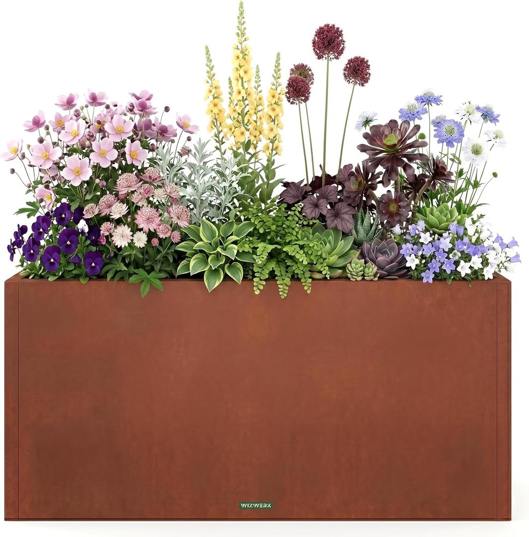 32 Inch Corten Steel Planter Box for Outdoor Plants, Large Rectangular Weathering Steel Planter with Drainage Holes, Metal Planter Box for Patio, Porch, Balcony, Backyard & Garden