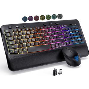 Wireless Keyboard and Mouse Combo, Ergonomic Wave, 9 RGB Backlit Effects, Leather Wrist Rest, Rechargeable 2.4G Silent Set for Computer/Windows/Mac, Black