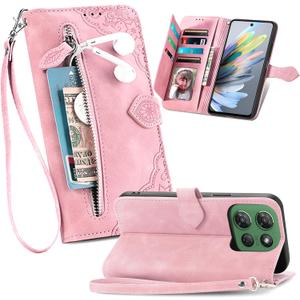 for Motorola G Power 5G 2025 Embossed Flower Wallet Case with Zipper Pocket and Card Slots Holder, PU Leather Folio Flip Cover with Wrist Strap Kickstand for Moto G Power 2025 SZY Pink