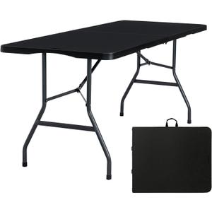 Folding Table 6ft Portable Heavy Duty Plastic Fold-in-Half 6 Foot Foldable Table Utility Dining Indoor Outdoor with Carrying Handle for Camping Picnic and Party, Black