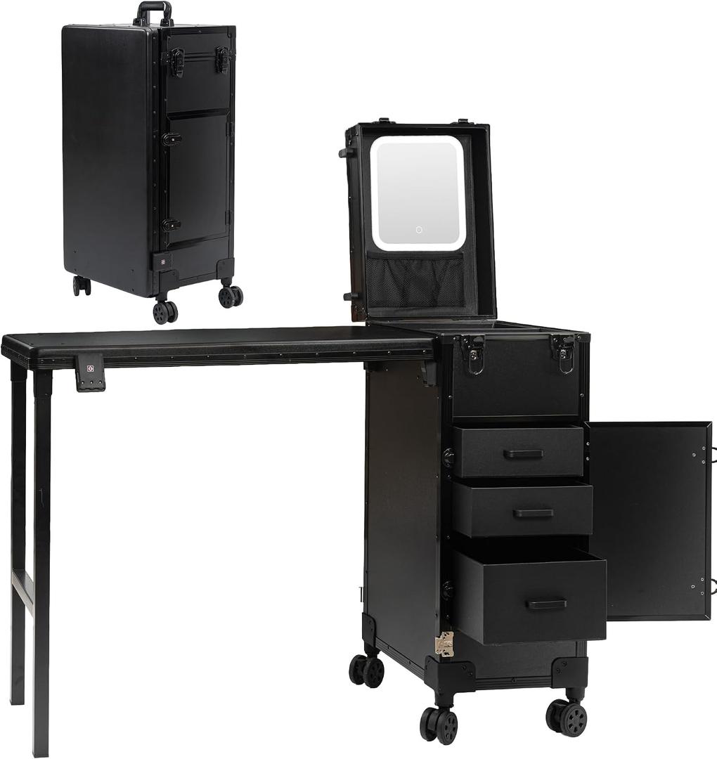 Portable Manicure Table with 3 Drawers, Rolling Foldable Nail Desk with Detachable Mirror, Professional Makeup Train Case with Wheels and TSA Lock for Nail Techs & Salon Use, 15.3 x 10.8 x 30.8 inches