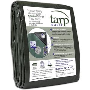 Kotap 12 x 14 Ft. Heavy-Duty Protection/Coverage Tarp, 8-mil, Reversible, Multi-Use, Waterproof, Green-Silver, (TGS-1214)