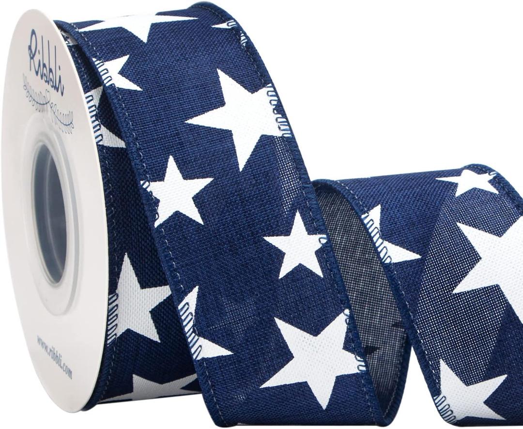 Ribbli Patriotic Ribbon Wired Navy with White Star 1-1/2 Inch x 10 Yard Red White Blue Ribbon for Wreaths,Crafts,Big Bows,Gift Wrapping, 4th of July, Independence Day, Memorial Day