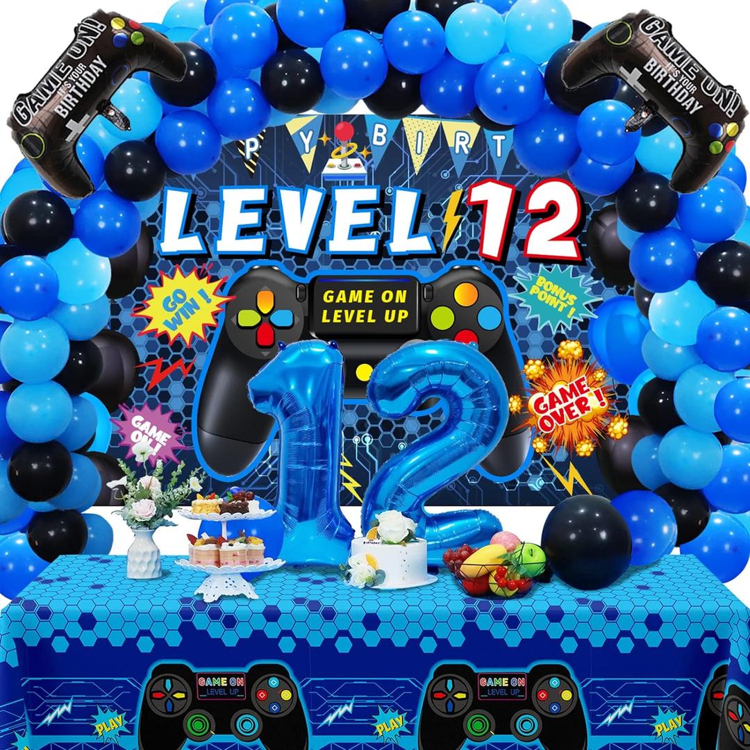 Vlipoeasn 90PCS Video Game Party Decorations for Boys Set - Blue 12th Birthday Supplies - Video Game Backdrop, Balloons, Tablecloth, Gamer and 12 Foil Balloons