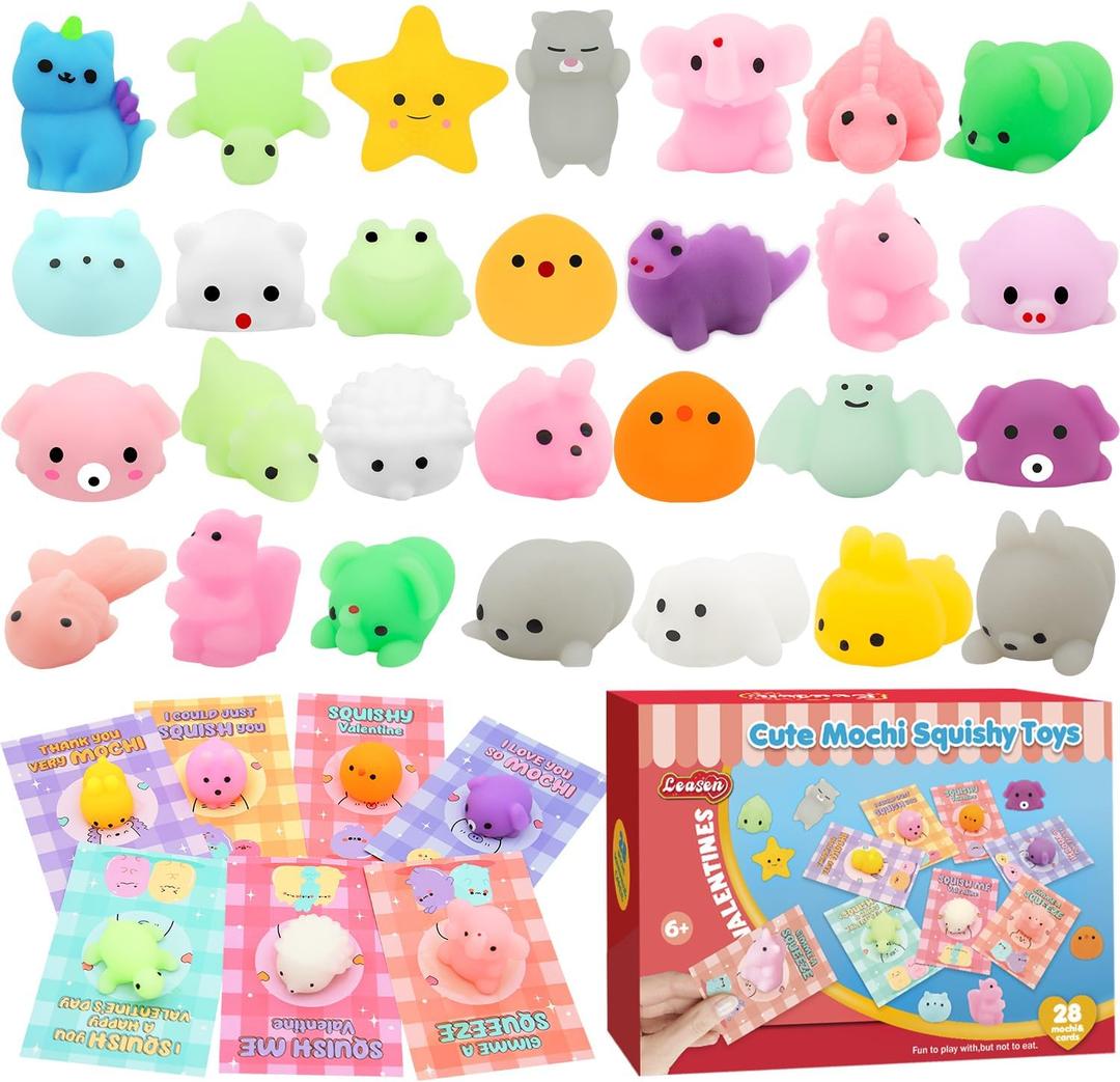 LEASEN 28 Pack Valentines Day Gifts for Kids, Kawaii Mochi Squishies Party Favor Set with Valentines Greeting Cards for Kids, Valentine's Day Classroom Exchange Gifts Set, School Prizes Party Favor