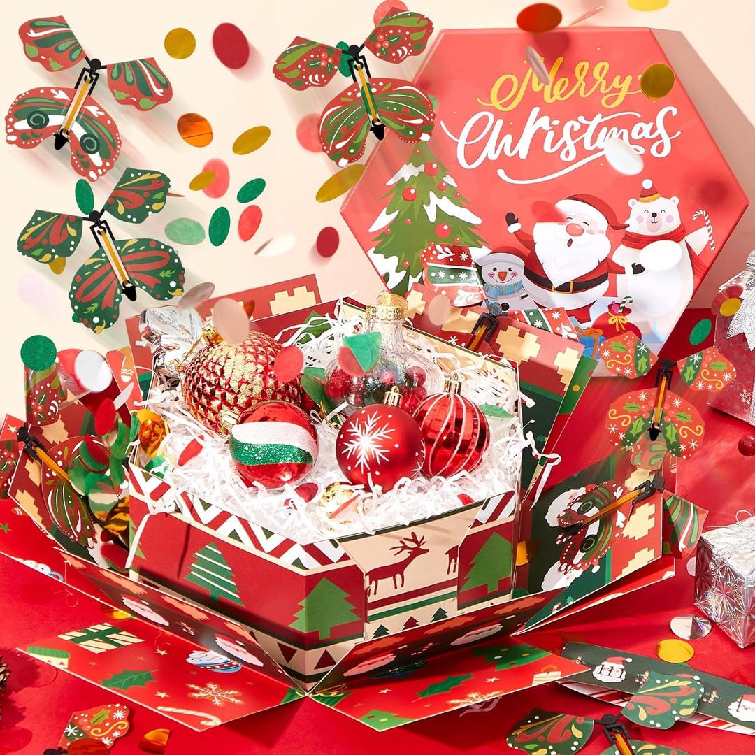 Dunzoom Christmas Surprises Flying Butterfly Explosion Gift Box Pop out Unique Prank Gift Box with 12 Pcs 3D Flying Butterfly and Confetti for Christmas Party Supplies