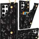 Petitian for Samsung Galaxy S23 Ultra Case with Wallet - Women Girls Cute Girly Aesthetic Unique Design Leather Credit Card Holder Cardholder Stand Wristband for S23 Ultra, Black Butterfly