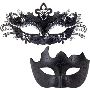 2025 Masquerade Masks for Couples, Shiny Rhinestone Metal Filigree Venetian Mask & Men's Venetian Mask for Mardi Gras (Black)