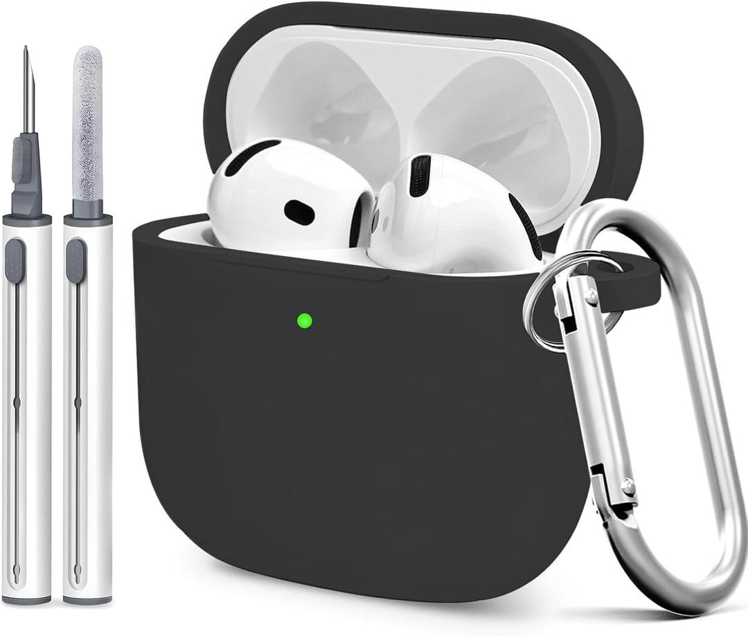 for AirPods 4th Case Cover, Soft Silicone Case with Cleaner Kit, Keychain, Full Protection for Men and Women, Compatible with AirPods 4th Generation (Black)
