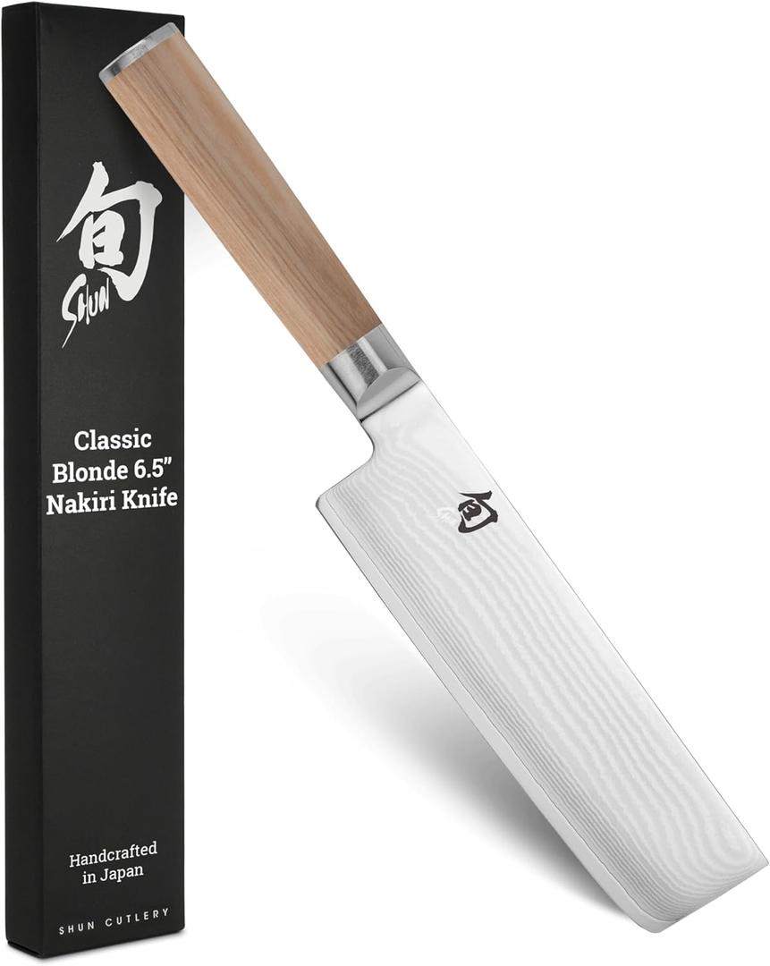Shun Classic Blonde 6.5" Nakiri Knife, Handcrafted Japanese Vegetable Knife, VG-MAX Core with Damascus Stainless Steel Cladding, Pakkawood Handle, Slicing Tool for Professional and Home Chefs