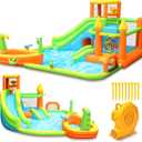 Inflatable Water Slide Park, Large Water Bouncer Castle Fun Bouncy House with Large Pool, Dual Slides, Climbing Wall, Basketball, Soccer, Archery, Toss Game, Easy to Set Up with Air Blower, 225"L x 186"W x 104"H