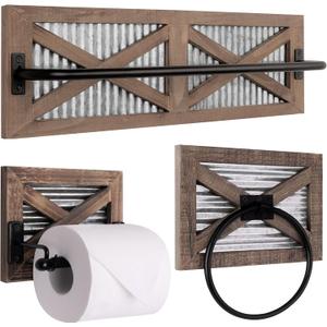 Autumn Alley Farmhouse Toilet Paper Holder, Towel Ring for Bathroom, Farmhouse Towel Rack Holder Set, 3PCS, Wall Mount for Farmhouse Bathroom Decor and Accessories, Rustic Wooden, Brown