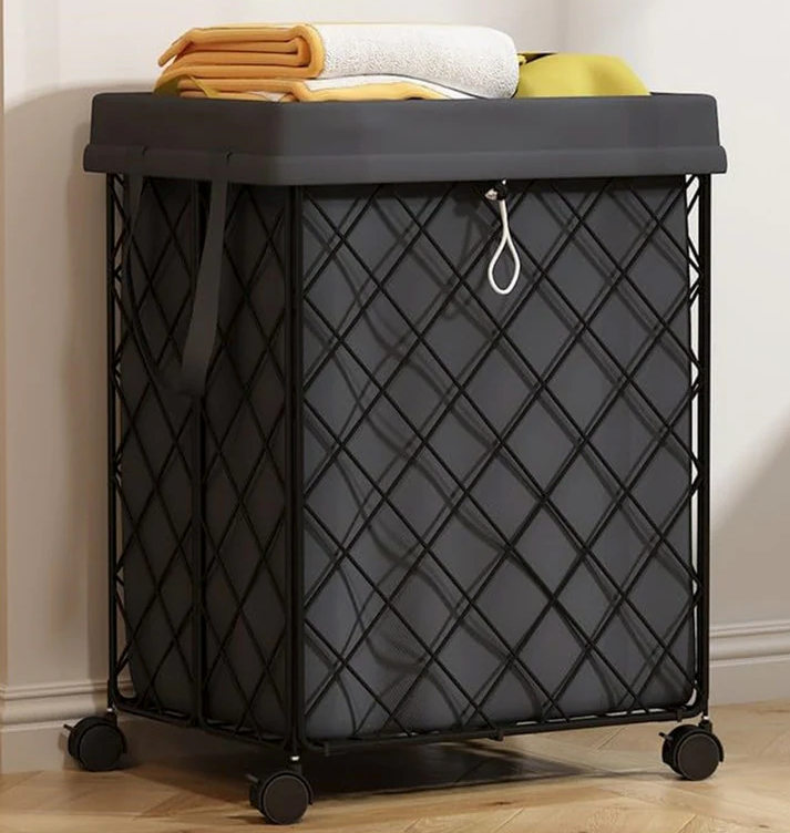BKNROIHB Multifunctional Laundry Basket with Wheels, Rolling Hamper, Detachable Lining, Metal Frame - Ideal for Bedrooms, Bathrooms, Laundry Rooms(Balck+Black)