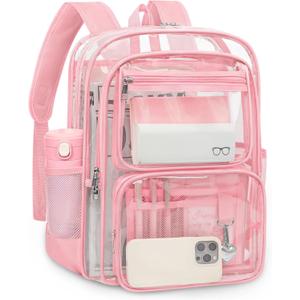 Clear Backpack for School, Large Heavy Duty Clear Bookbag with Luggage Strap & Stitches for Girls Boys, Reinforced See Through PVC Transparent Backpack for Stadium Events College Travel Work Pink