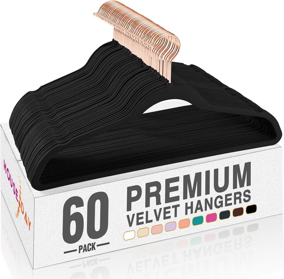 HOUSE DAY Black Velvet Hangers Pack of 60, Premium Non-Slip Felt Hangers, Sturdy Black Clothes Coat Hanger Heavy Duty, Durable Suit Hanger for Space Saving, No Marks Gold Hook