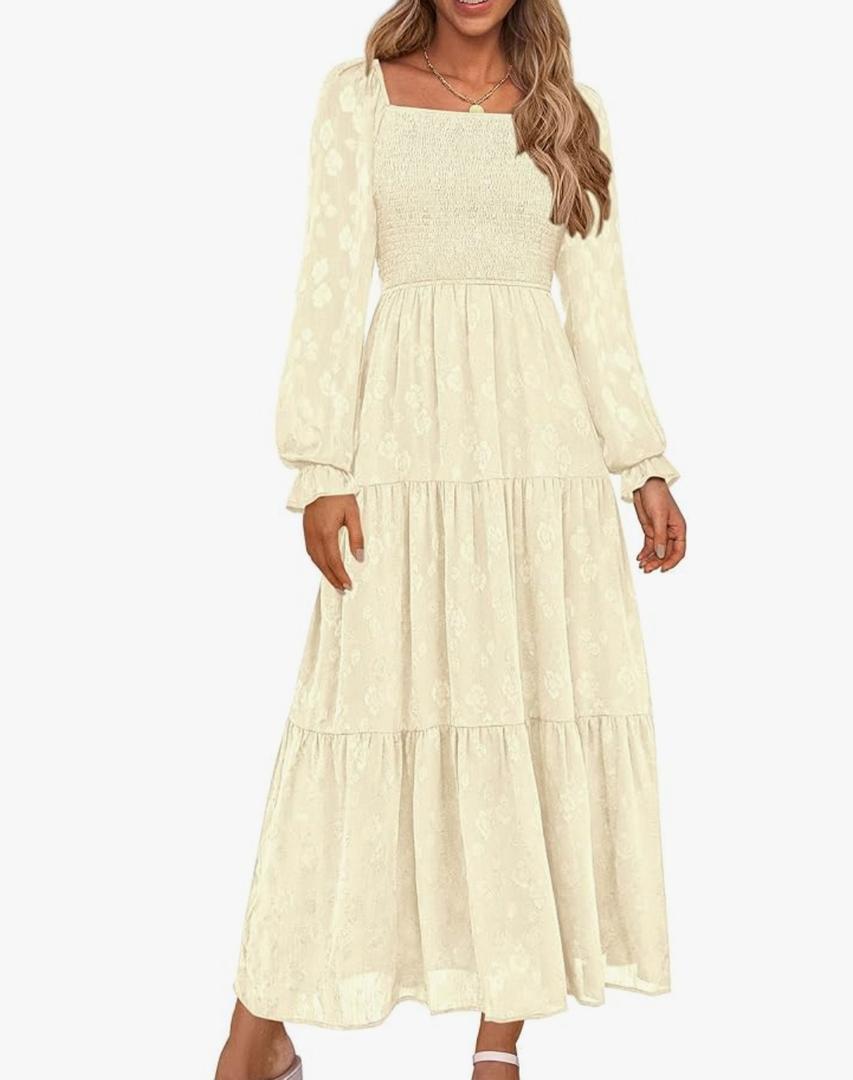 MEROKEETY Women's Fall Long Sleeve Floral Midi Dress Smocked Ruffle Tiered Square Neck Wedding Guest Dresses Pockets S