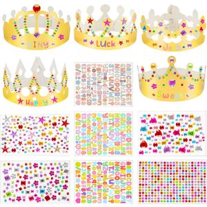 NIUBIER Gold Paper Crowns, 15 Pcs DIY Birthday Party Crowns, King & Princess Crown Hats with Gem Stickers, Letters and Number Stickers for School, Party & Craft Decoration
