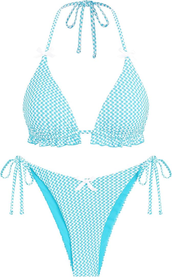 ZAFUL Triangle Bikini for Women 2 Piece Halter Bikini Sets Sexy High Cut Bathing Suit Side Tie Wave Textured Swimsuits (Medium, 99-light Blue)