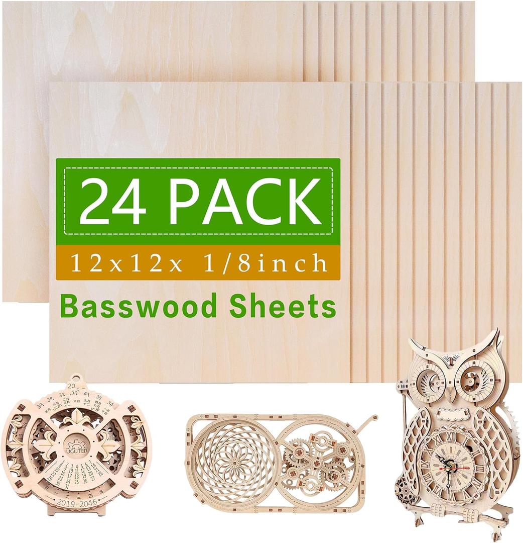 24 Pack Basswood Sheets, 12 x 12 x 1/ 8 Inch, 3mm Basswood Plywood Sheets with Smooth Surfaces, Unfinished Wood for Laser Cutting, Wood Burning, Drawing, Architectural Models and DIY Wood Crafts(24)