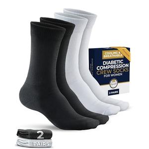 Pembrook Premium Diabetic Compression Crew Socks for Women - Moisture-Wicking Athletic Running Socks, Black, White Compression Socks - 2 Pairs pack of 4